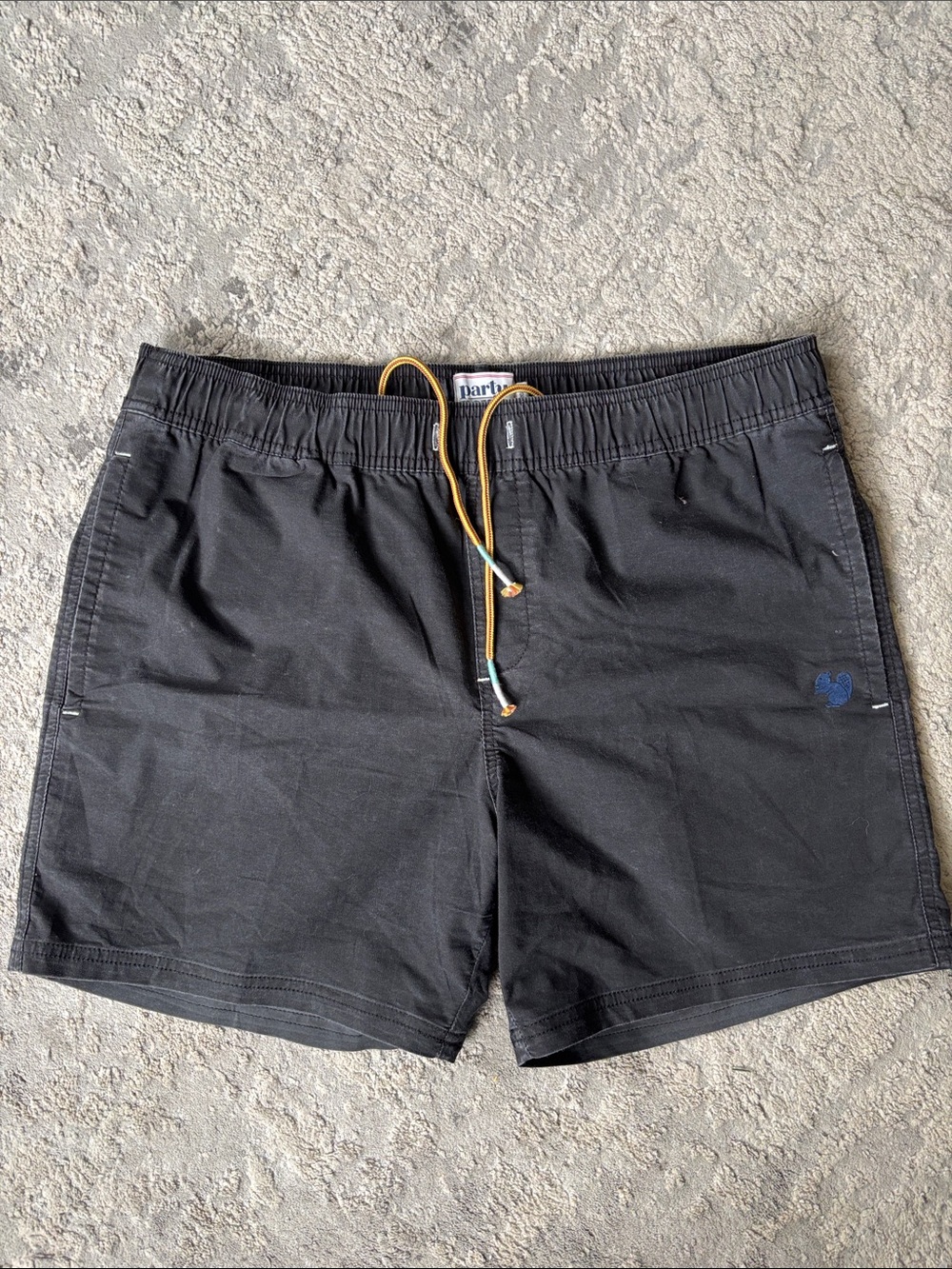 Party Pants Black Swim Shorts with Yellow Drawstring and Blue Logo